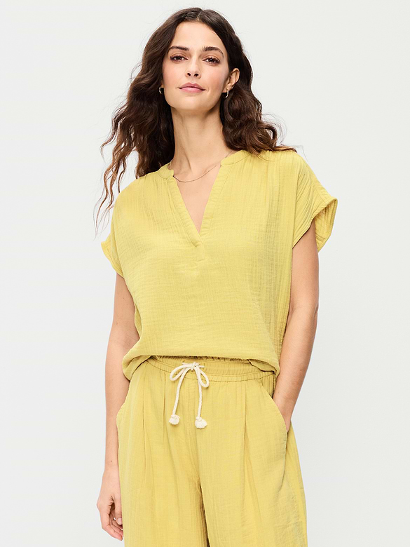 Short-Sleeve Crinkle Gauze Popover Top