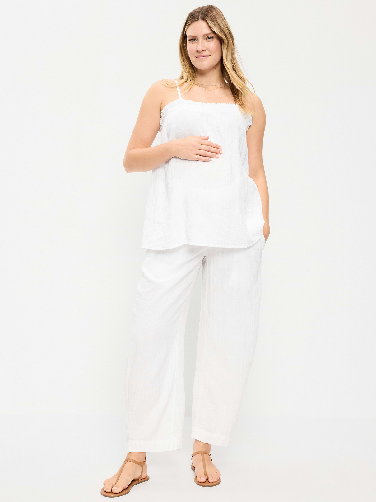 Image number 1 showing, Maternity Rollover-Waist Crinkle Gauze Barrel Leg Ankle Pants