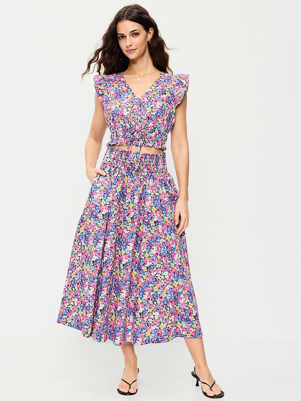 Smocked-Waist Midi Skirt