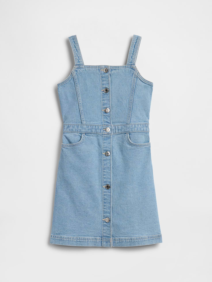 Image 1 of 3, This product is made with/contains 5% recycled cotton. Compared to virgin materials, using recycled materials helps reduce resource use and waste., This product is part of our water-saving Washwell program. Compared with conventional wash methods, Washwell uses at least 20% less water., Low-stretch denim., Light indigo wash., Tank straps., Square neckline, button front., Front slant pockets., Product #1172853