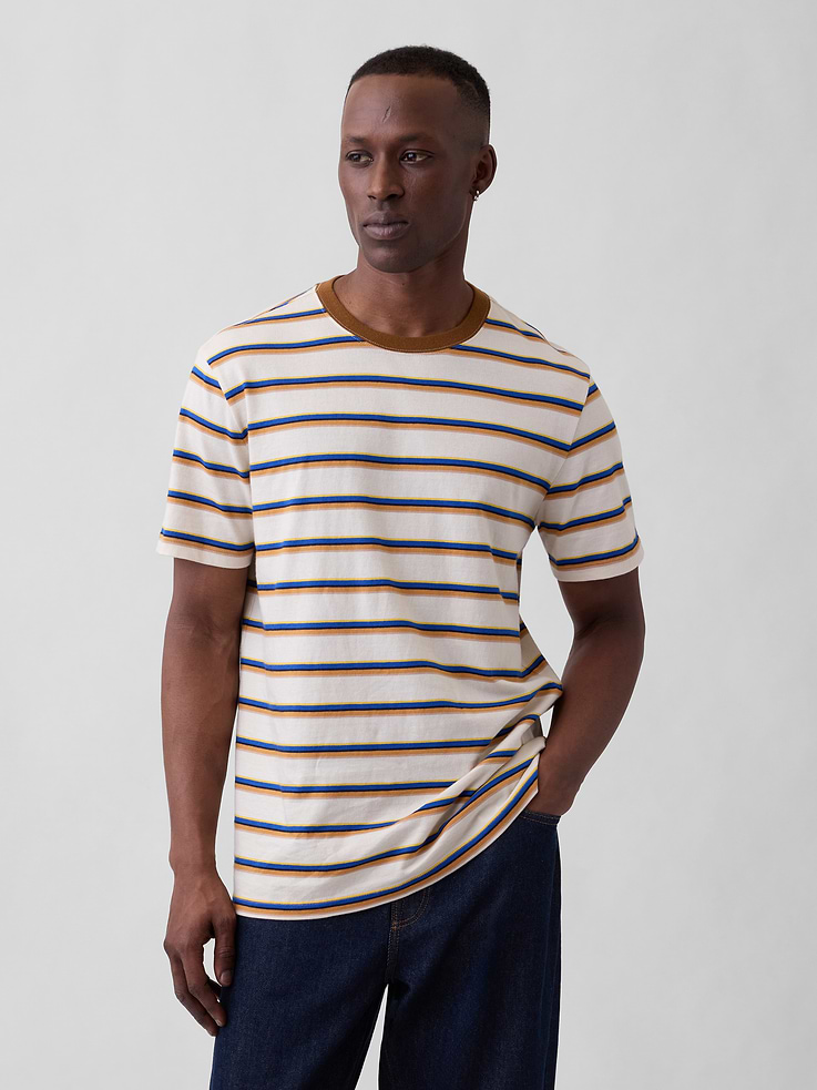 Image 1 of 5, Soft jersey knit., Short sleeves., Crewneck., Allover stripes., This product was made in a factory that invests in gender equity and women’s empowerment through RISE. Learn more at, Product #734455