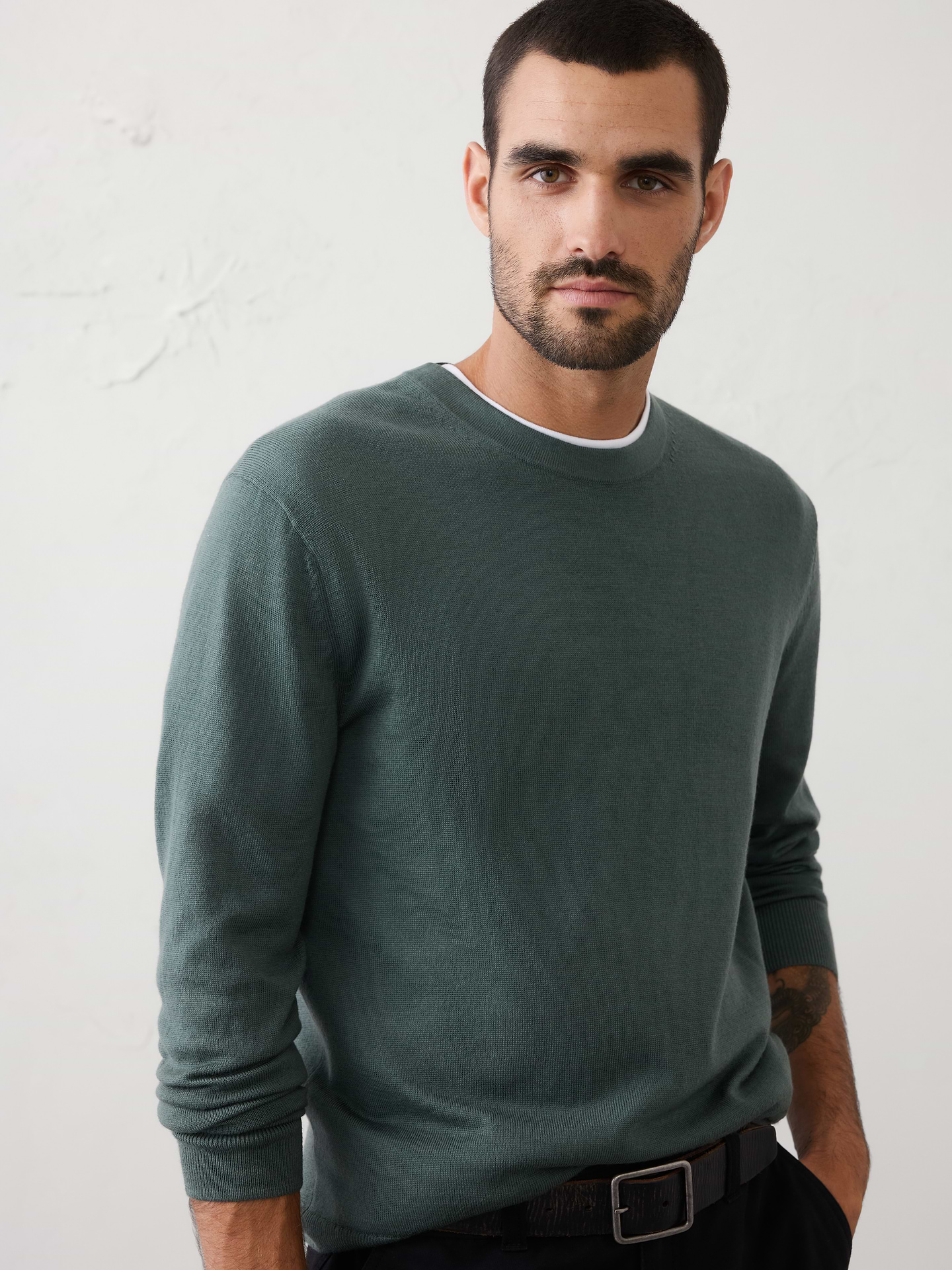 Image 1 of 8, WASHABLE MERINO WOOL: Skip the dry cleaners, this 100% Merino wool sweater is lightweight, comfortable, moisture wicking, odor resistant and machine washable., Crew neck. Long sleeves., Ribbed neck, arm cuffs and hem., Straight hem., Made exclusively for Banana Republic Factory., Product #486773
