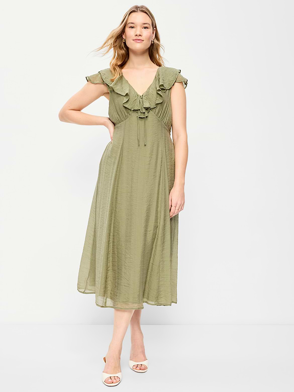 Ruffle-Sleeve Fit & Flare Midi Dress