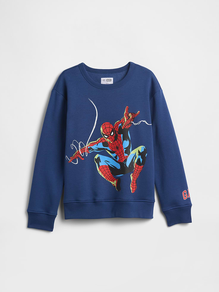 Image 1 of 3, A super collection made to inspire you to find your inner hero, be bold, and always be you! © MARVEL, This product is made with/contains 23% recycled polyester. Compared to virgin materials, using recycled materials helps reduce resource use and waste., Soft, comfy fleece., Dropped shoulder, long sleeves with banded cuffs., Crewneck., Graphic at front, Gap logo at sleeve., Banded hem., This product was made in a factory that invests in gender equity and women’s empowerment through RISE. Learn more at, Product #1172495