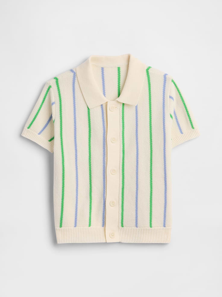 Image 1 of 3, Textured cotton knit., Dropped shoulder, short sleeves., Spread collar, button front., Banded hem., This product was made in a factory that invests in gender equity and women’s empowerment through RISE. Learn more at, Product #1172563