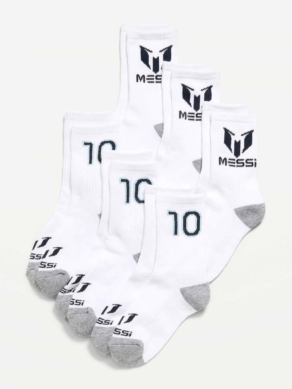 Image 1 of 2, pack includes 6 pairs of crew socks, rib-knit cuffs, notched seams at toe, © Leo Messi Management. Used under license., Product #841752