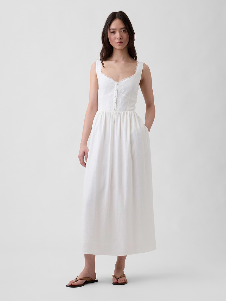 Image number 1 showing, Linen-Blend Lace-Inset Maxi Dress