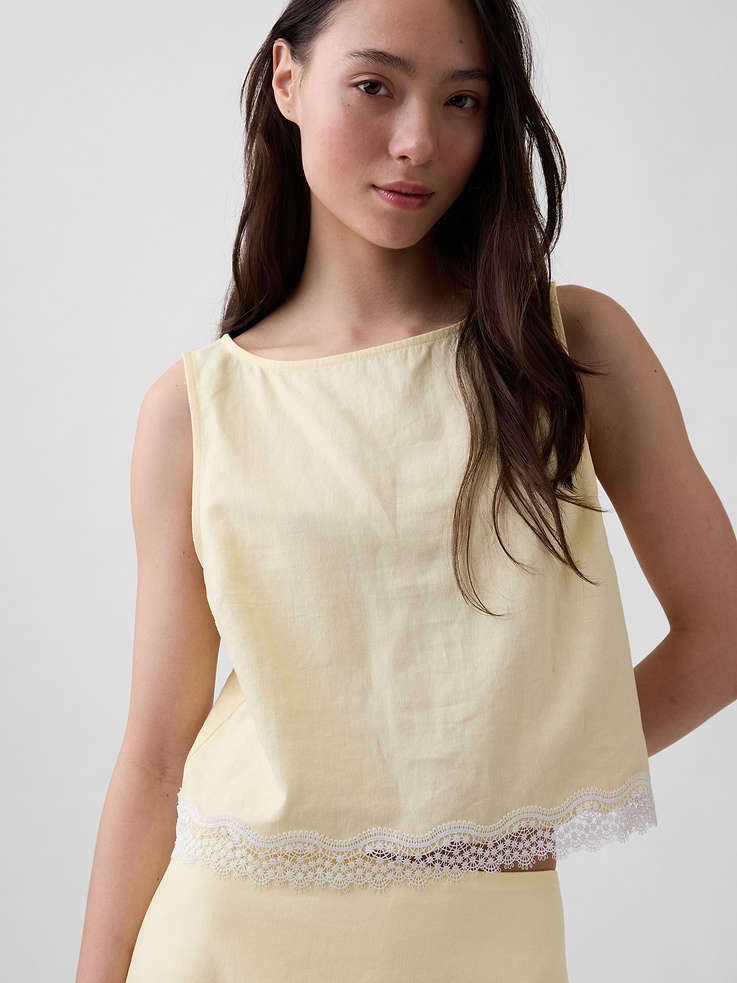 Image number 4 showing, Linen-Blend Lace-Hem Crop Shell Top