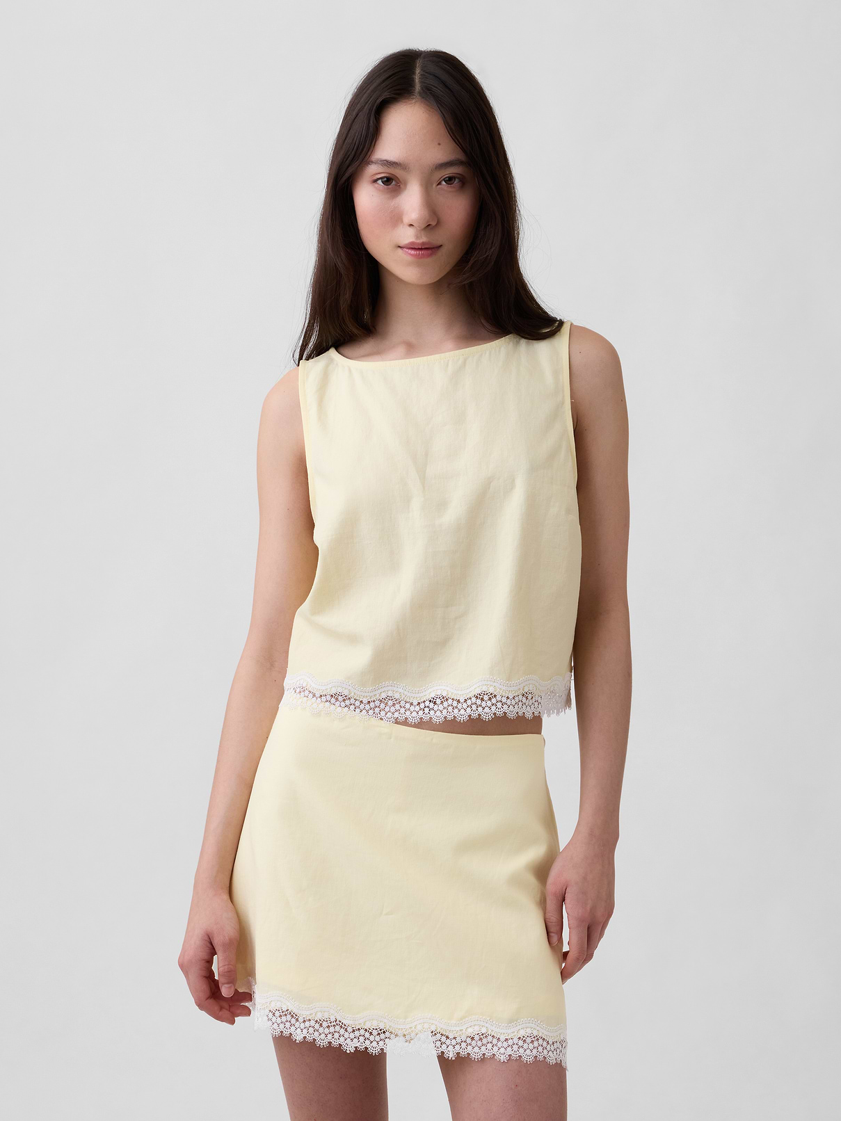 Linen-Blend Lace-Hem Crop Shell Top
