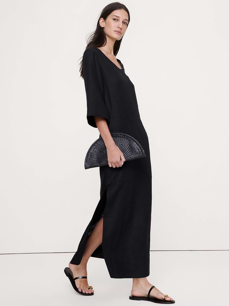 banana republic black linen dress Women's Scoop-Neck Maxi Size S Color:36 Coal