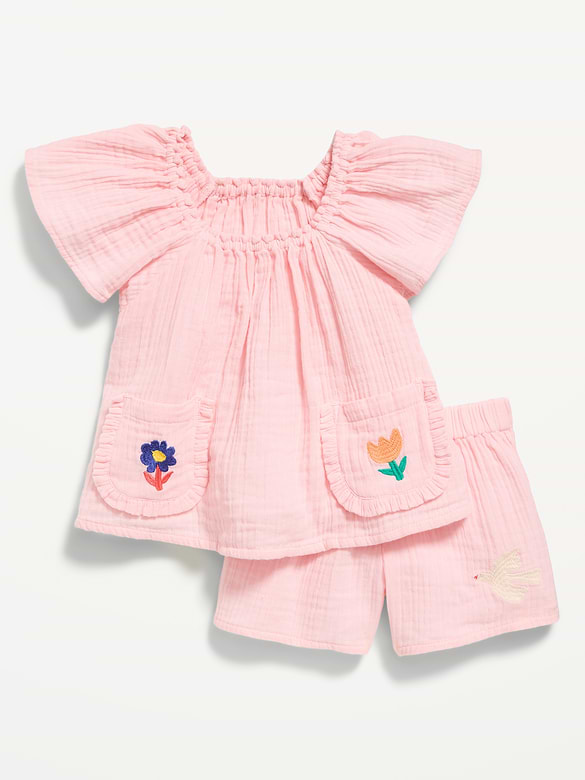 Short-Sleeve Double-Weave Top and Shorts Set for Toddler Girls