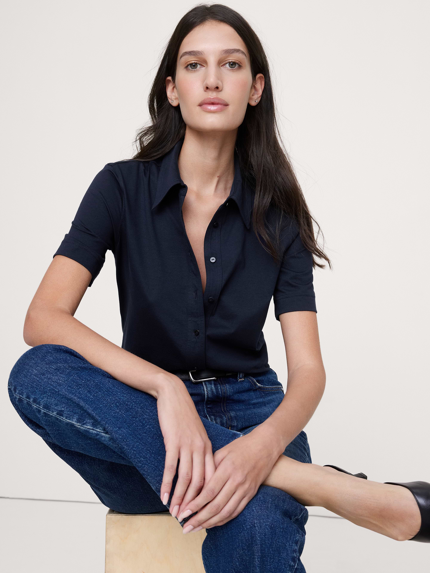 Image number 1 showing, Silky Cotton Short-Sleeve Button-Down Top