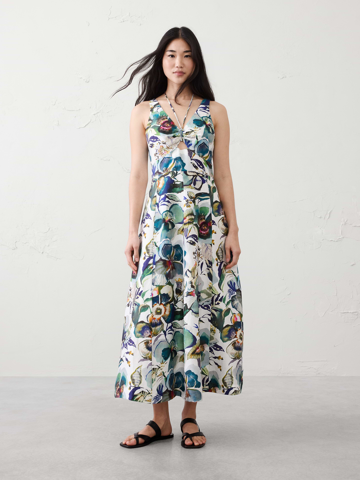 Image number 1 showing, Linen-Blend Cutout Tie-Front Midi Dress