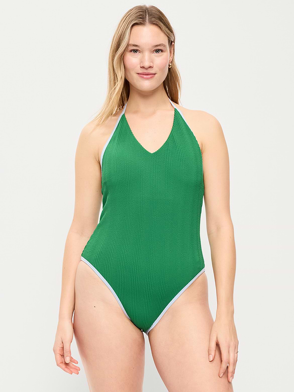 Ribbed V-Neck Halter One-Piece Swimsuit