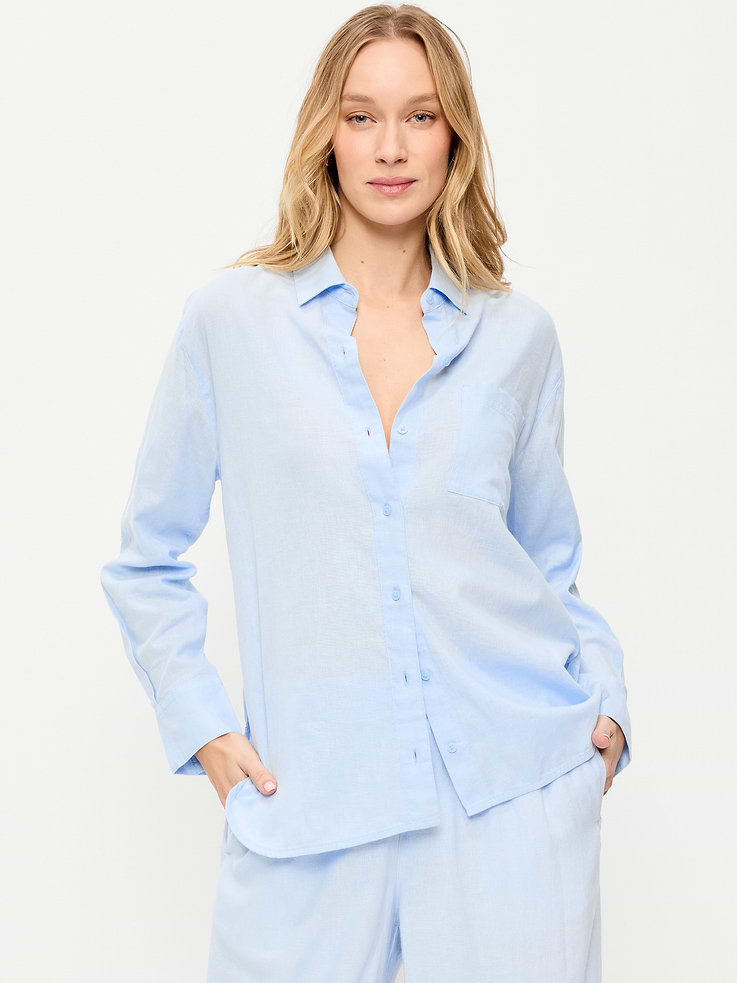 Image number 1 showing, Linen-Blend Loose Button-Down Shirt