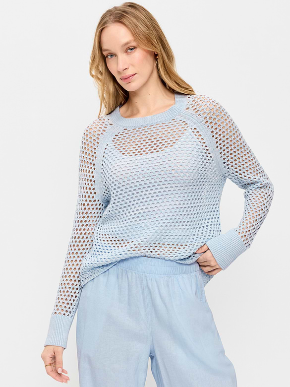 Seaside Cotton Open-Knit Raglan Sweater