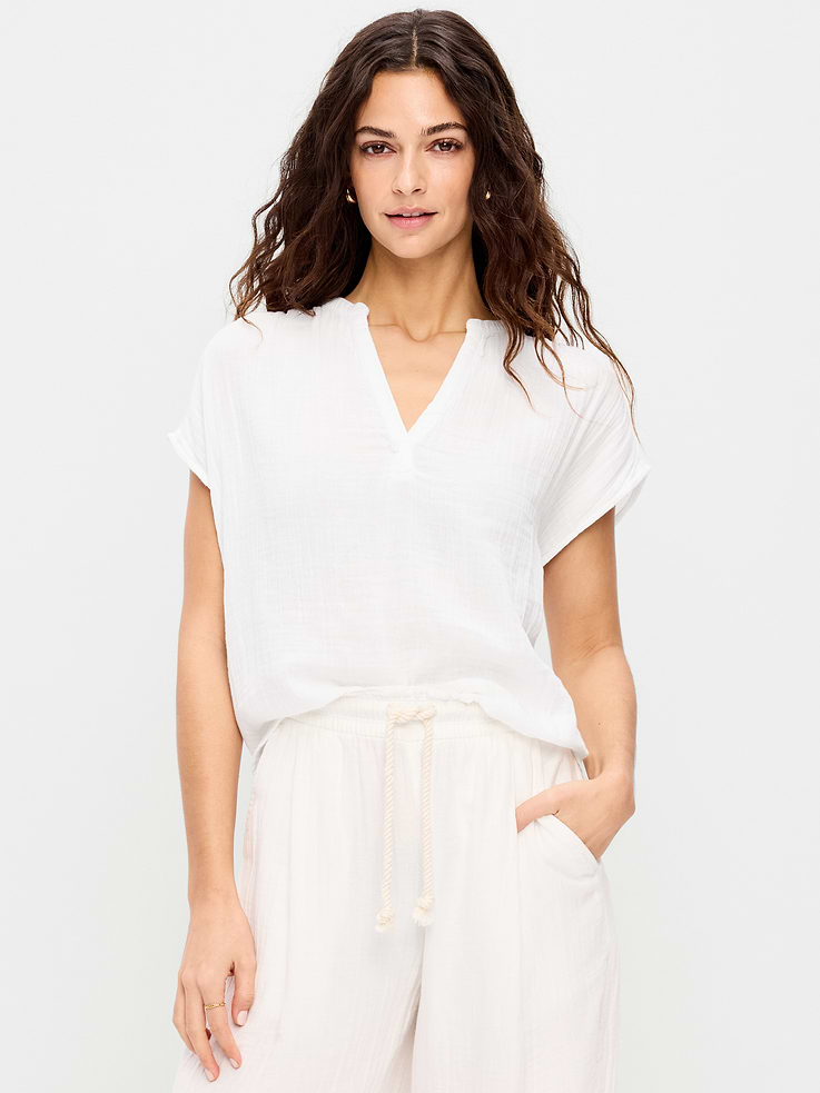 Image number 1 showing, Short-Sleeve Crinkle Gauze Popover Top