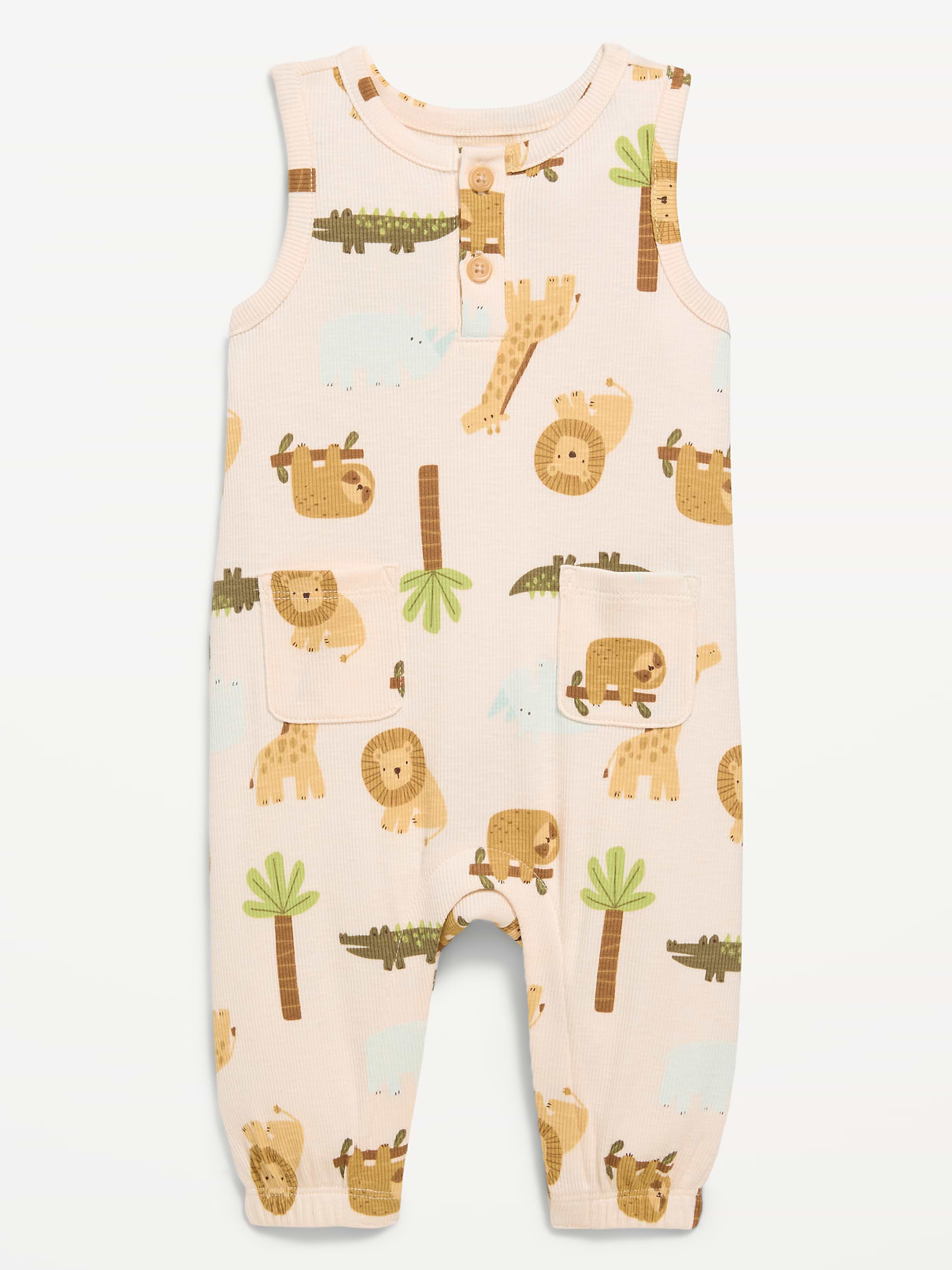 Image number 1 showing, Printed Sleeveless Henley One-Piece Romper for Baby