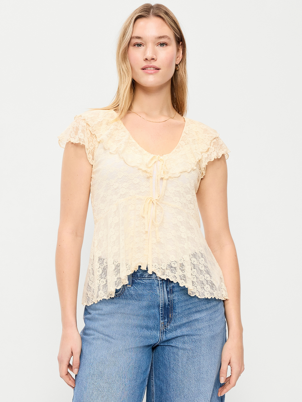 Short-Sleeve Open-Front Lace Ruffle Top | Old Navy