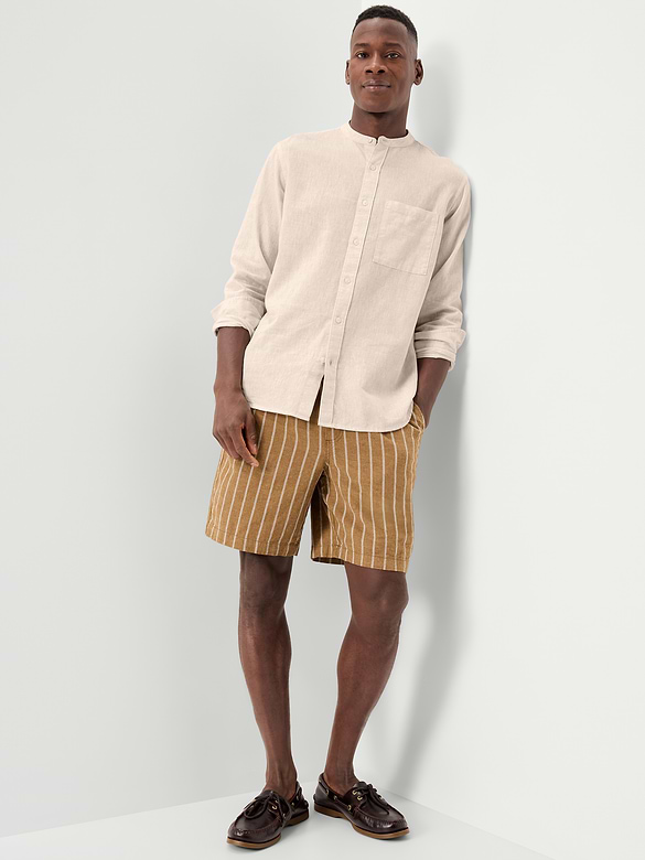 Classic Fit Banded Collar Linen-Blend Shirt