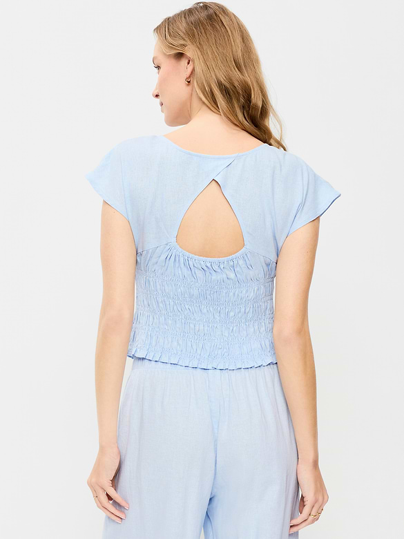 Linen-Blend Short-Sleeve Smocked Top