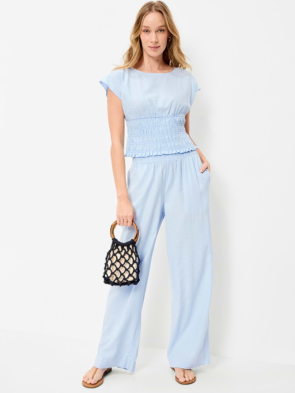 Linen-Blend Short-Sleeve Smocked Top