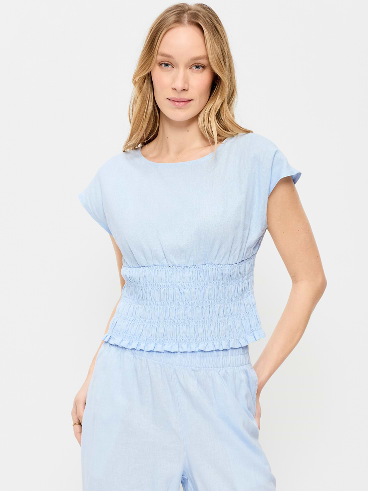 Image number 1 showing, Linen-Blend Short-Sleeve Smocked Top
