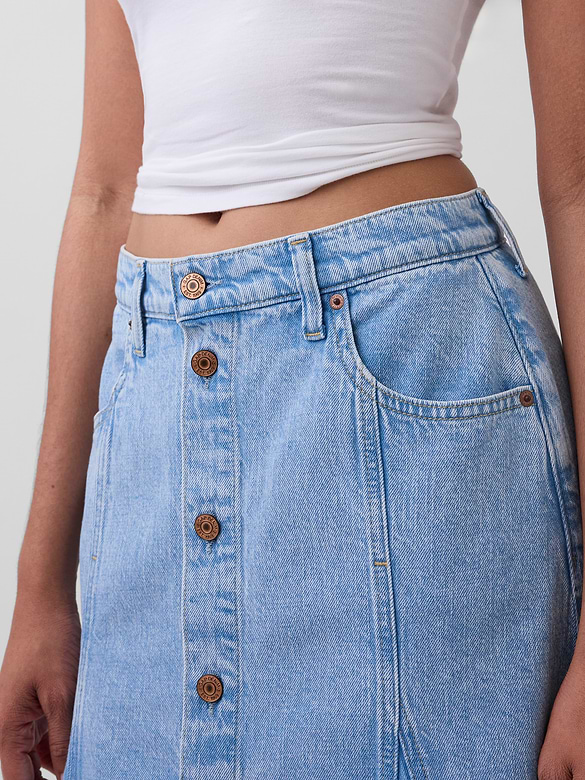 Denim Seamed Button-Front Maxi Skirt