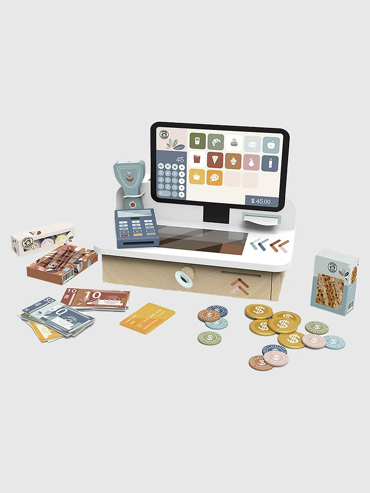 Image 1 of 1, Step into a world of pretend shopping and early learning with the Cash Register, a colorful, interactive toy designed to spark imagination and teach real-life skills., Ideal for children 36 months and up, this wooden register helps little ones explore numbers, counting, and role-play in a fun and engaging way., Perfect for pretend play at home or in a classroom, this FSC-certified wooden toy includes functional buttons, a drawer that opens, and accessories that encourage children to act out everyday scenarios., Whether they’re ringing up groceries or making change, kids will build early math skills, social interaction, and confidence through play., Crafted from durable, eco-conscious materials and painted with non-toxic, child-safe finishes, it’s safe, sturdy, and easy to clean, just wipe with a damp cloth., It includes 1 Register with Scan, 1 Card Reader, 1 Bank Card, 1 Paper Roll, 3 cardboard paper boxes, 15 Coins, and 24 Paper Money.