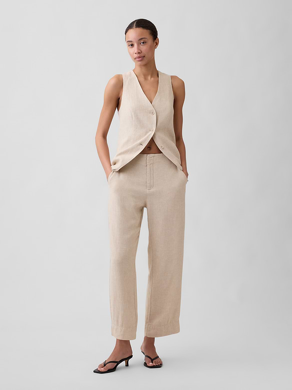 High Rise Linen-Blend Straight Crop Pants