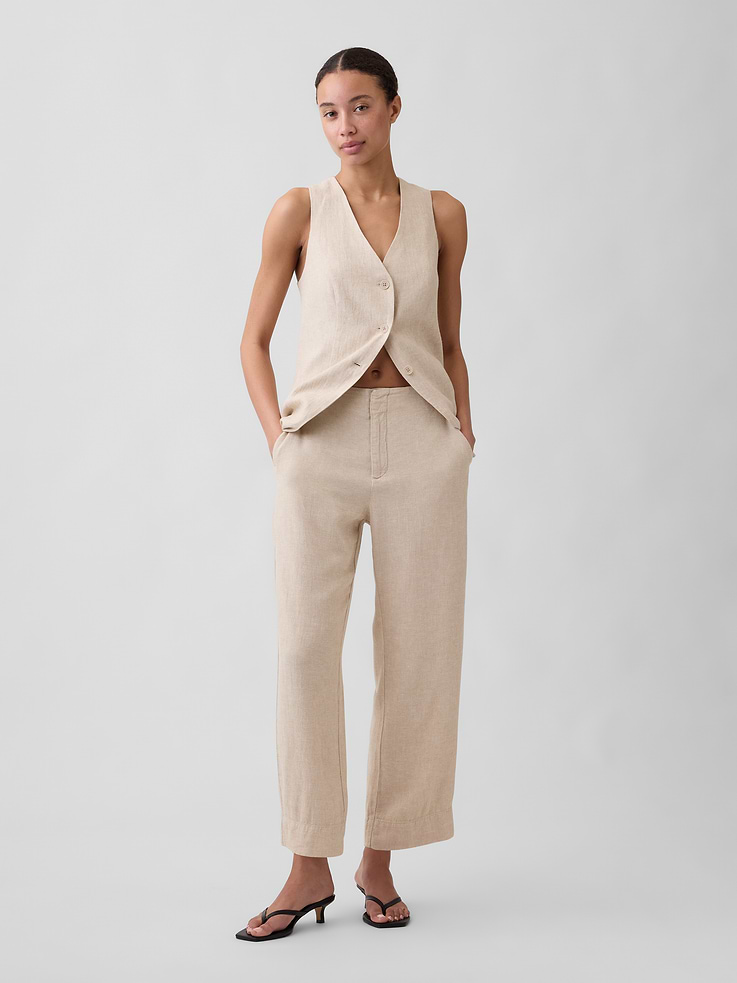 Image number 1 showing, High Rise Linen-Blend Straight Crop Pants
