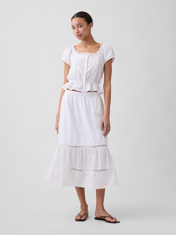 Image 1 of 5, Smooth cotton weave., Elasticized waist., Shirring at lace-insert tiers., This product was made in a factory that invests in gender equity and women’s empowerment through RISE. Learn more at, Product #1175453