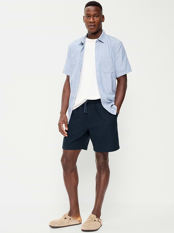 Short de jogging en mélange de lin, entrejambe de 18 cm