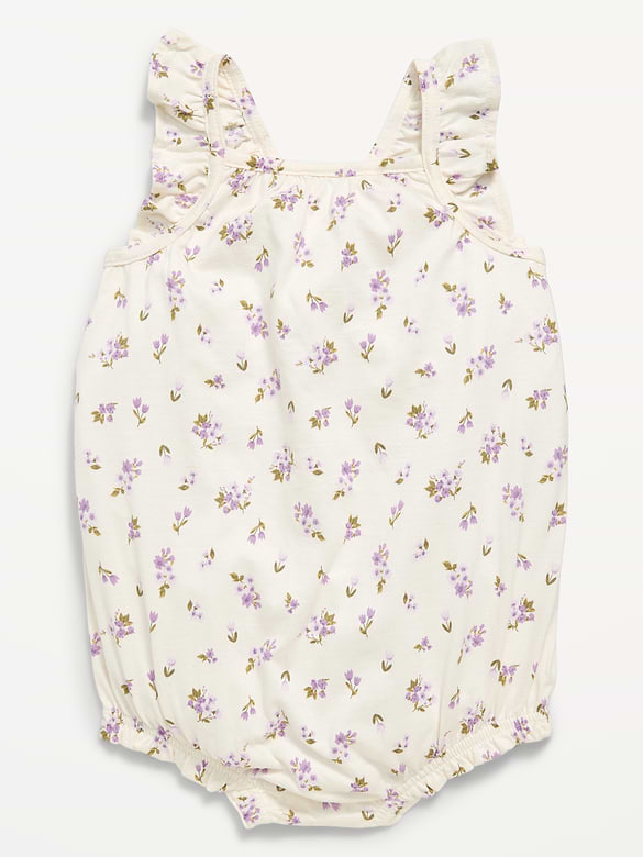 Printed Sleeveless Ruffle-Trim Romper for Baby