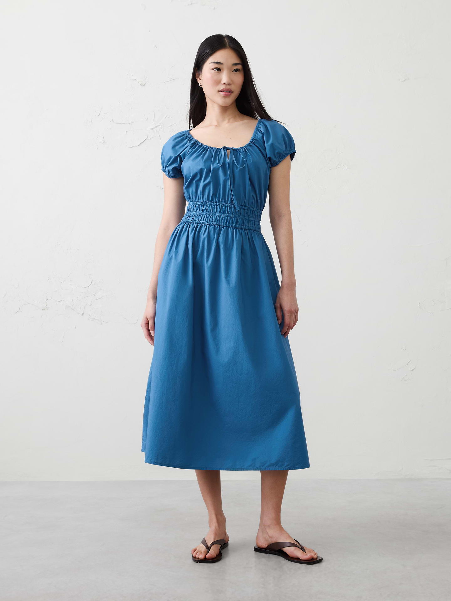 Image number 1 showing, Poplin Gathered-Neck Midi Dress