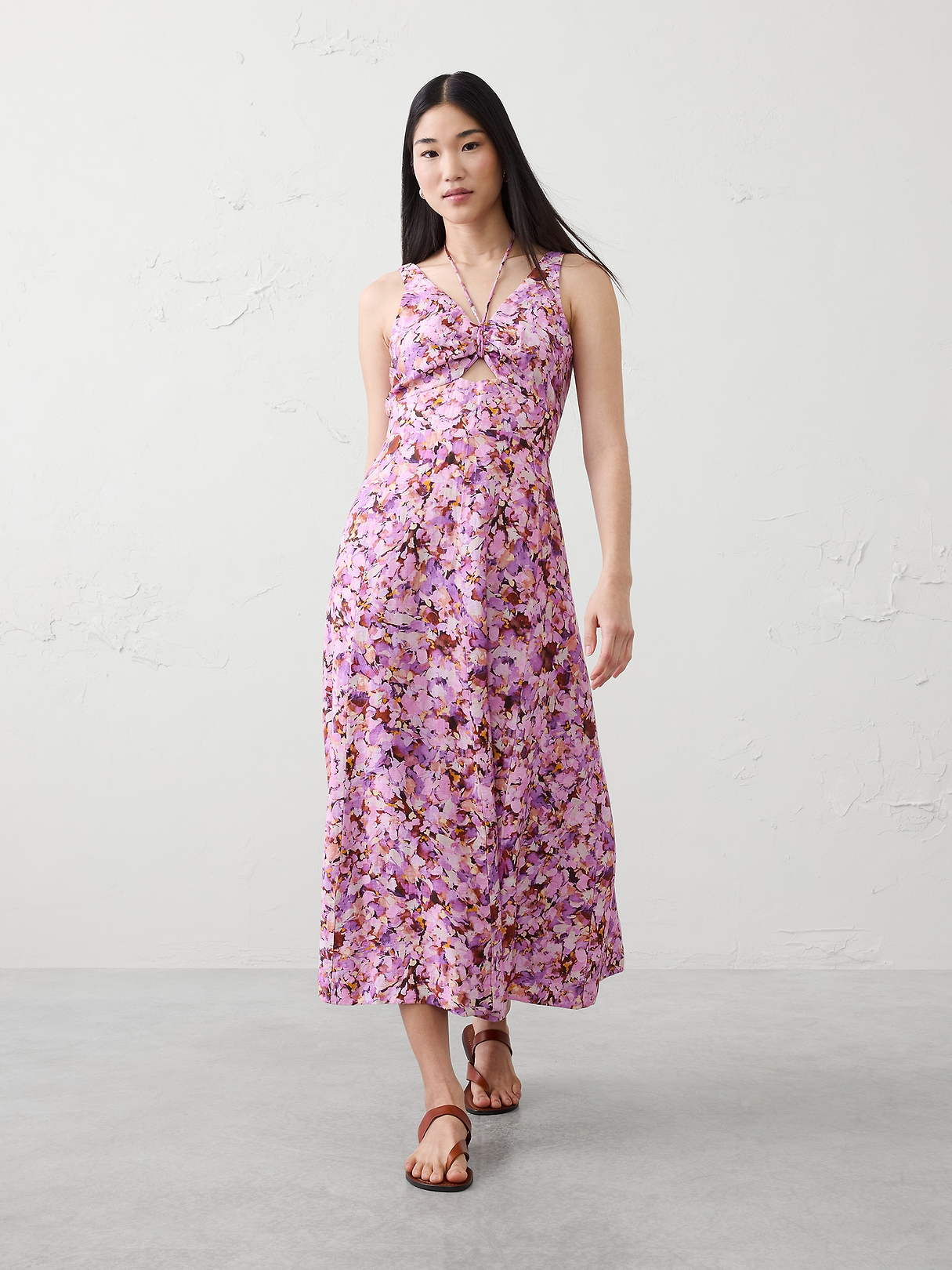 Linen-Blend Cutout Tie-Front Midi Dress | Banana Republic Factory