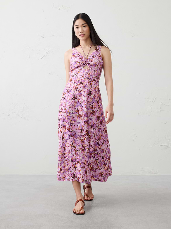 Linen-Blend Cutout Tie-Front Midi Dress