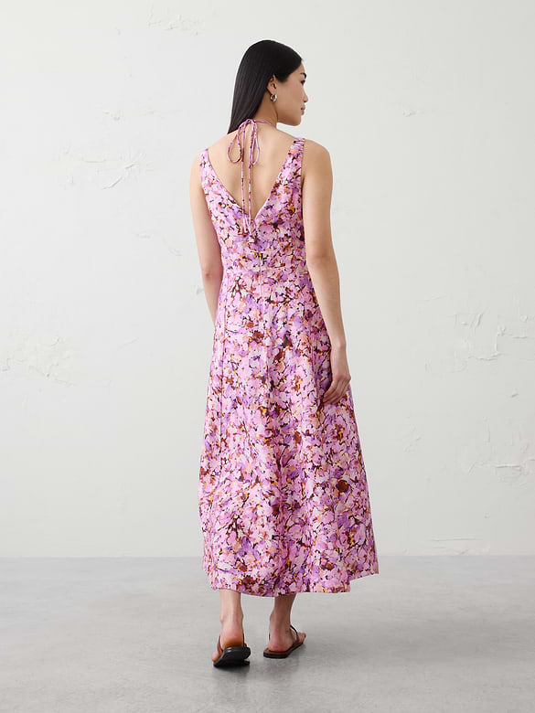 Linen-Blend Cutout Tie-Front Midi Dress