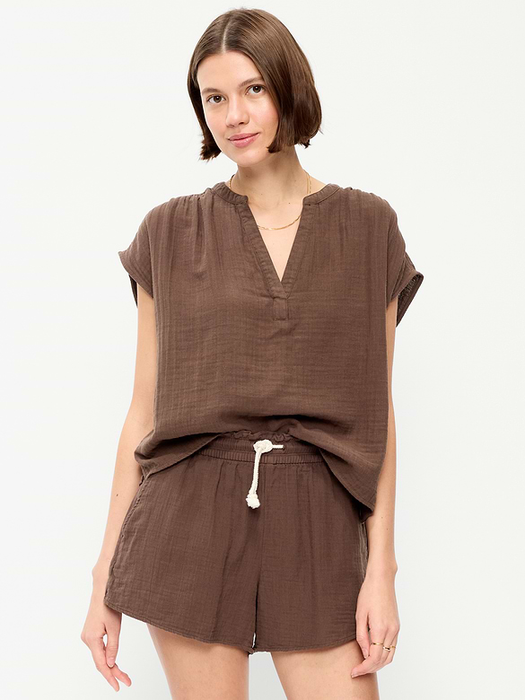 Short-Sleeve Crinkle Gauze Popover Top