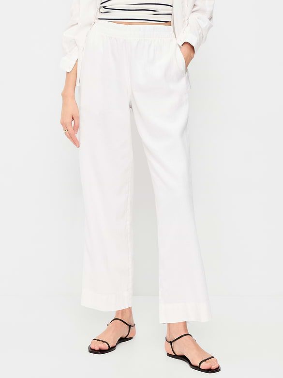 High-Waisted Linen-Blend Straight Ankle Pants