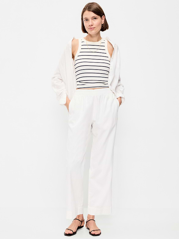 High-Waisted Linen-Blend Straight Ankle Pants