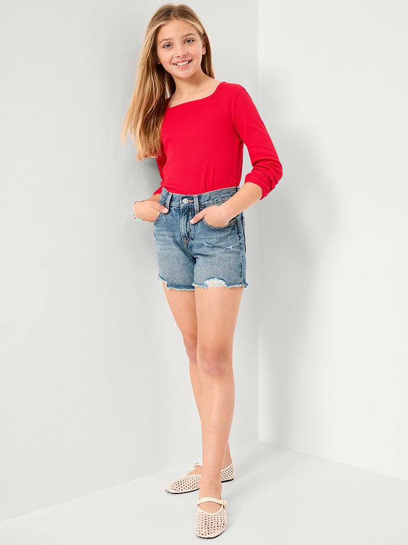 Short en denim à taille haute et à ourlet coupé et effiloché pour fille