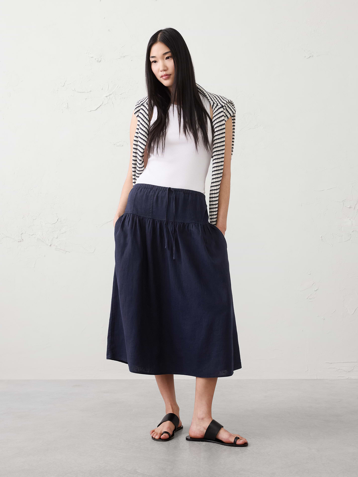 Image number 1 showing, Linen-Blend Drop-Waist Midi Skirt