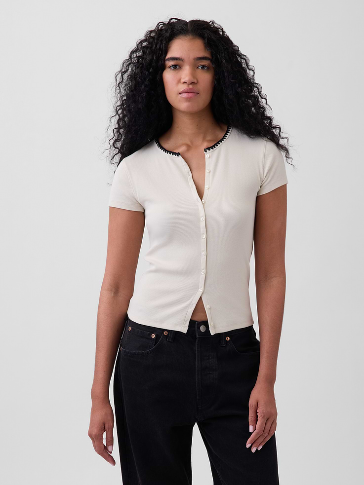 Image number 1 showing, Modern Rib Button-Front Crew T-Shirt