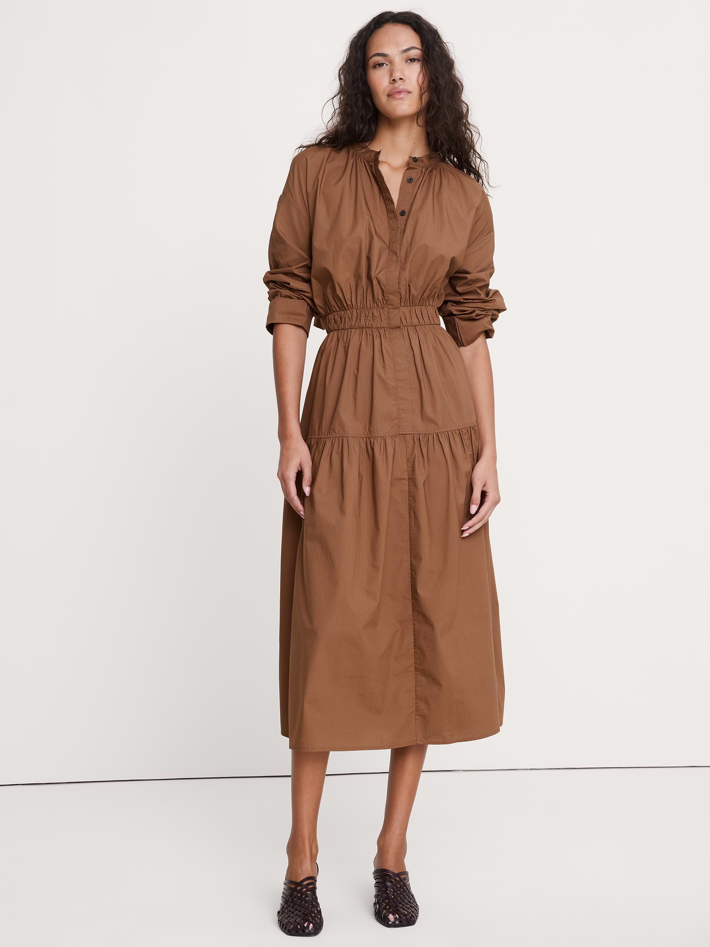 Image number 1 showing, Cotton Poplin Midi Shirt Dress with Open Back