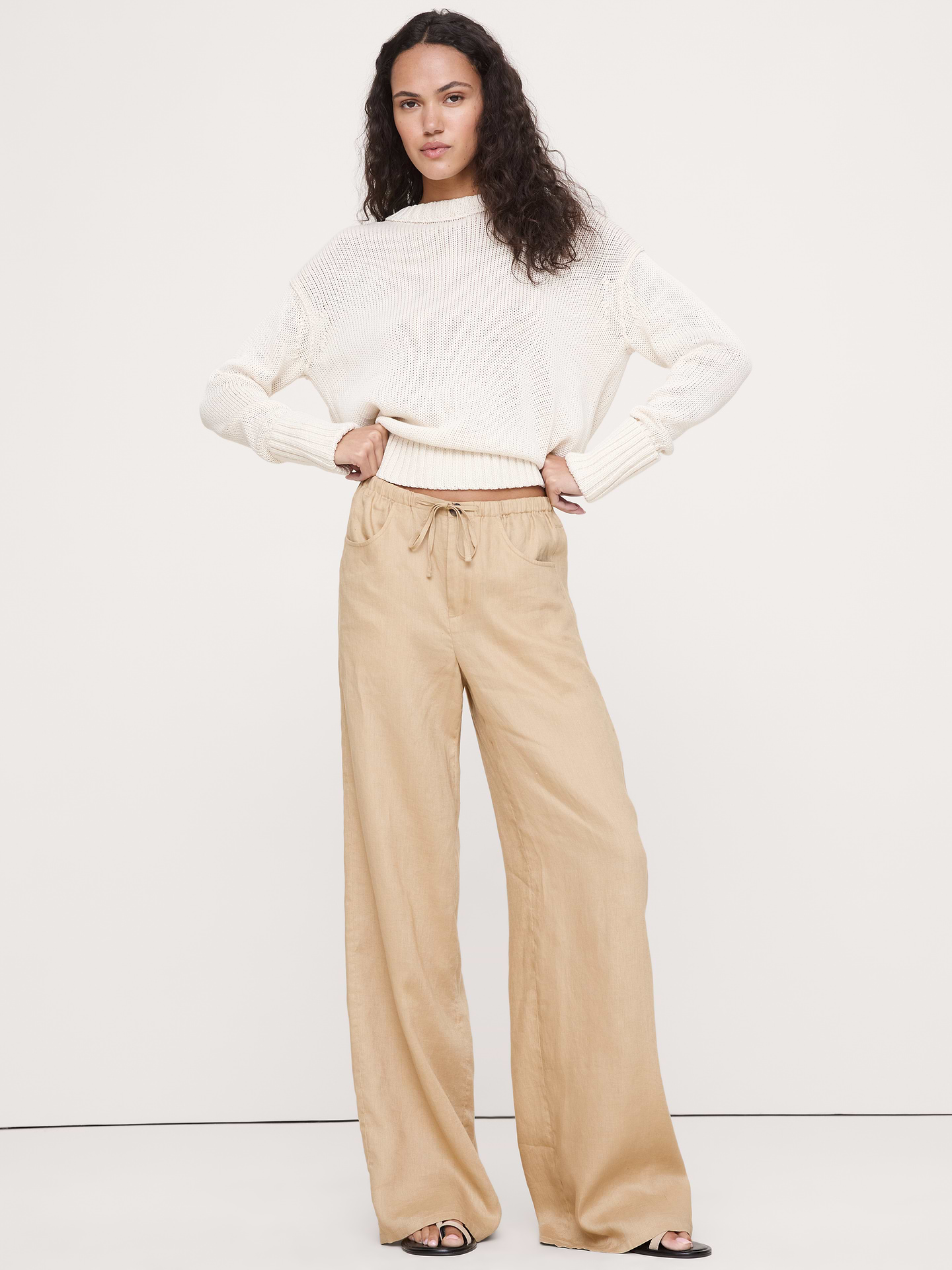Image number 1 showing, The Studio Wide-Leg Drawstring Pant in Linen
