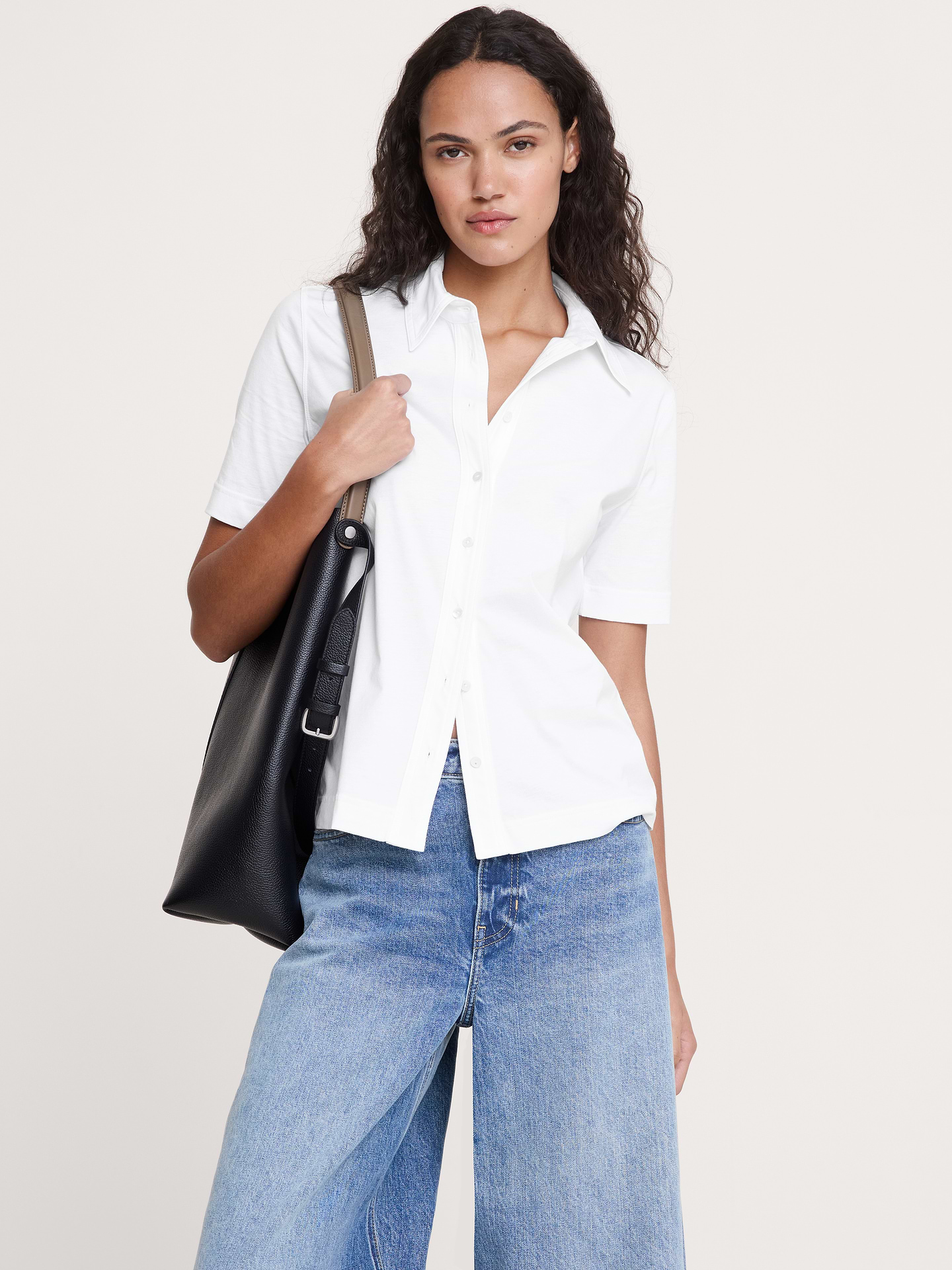 Image number 1 showing, Silky Cotton Short-Sleeve Button-Down Top