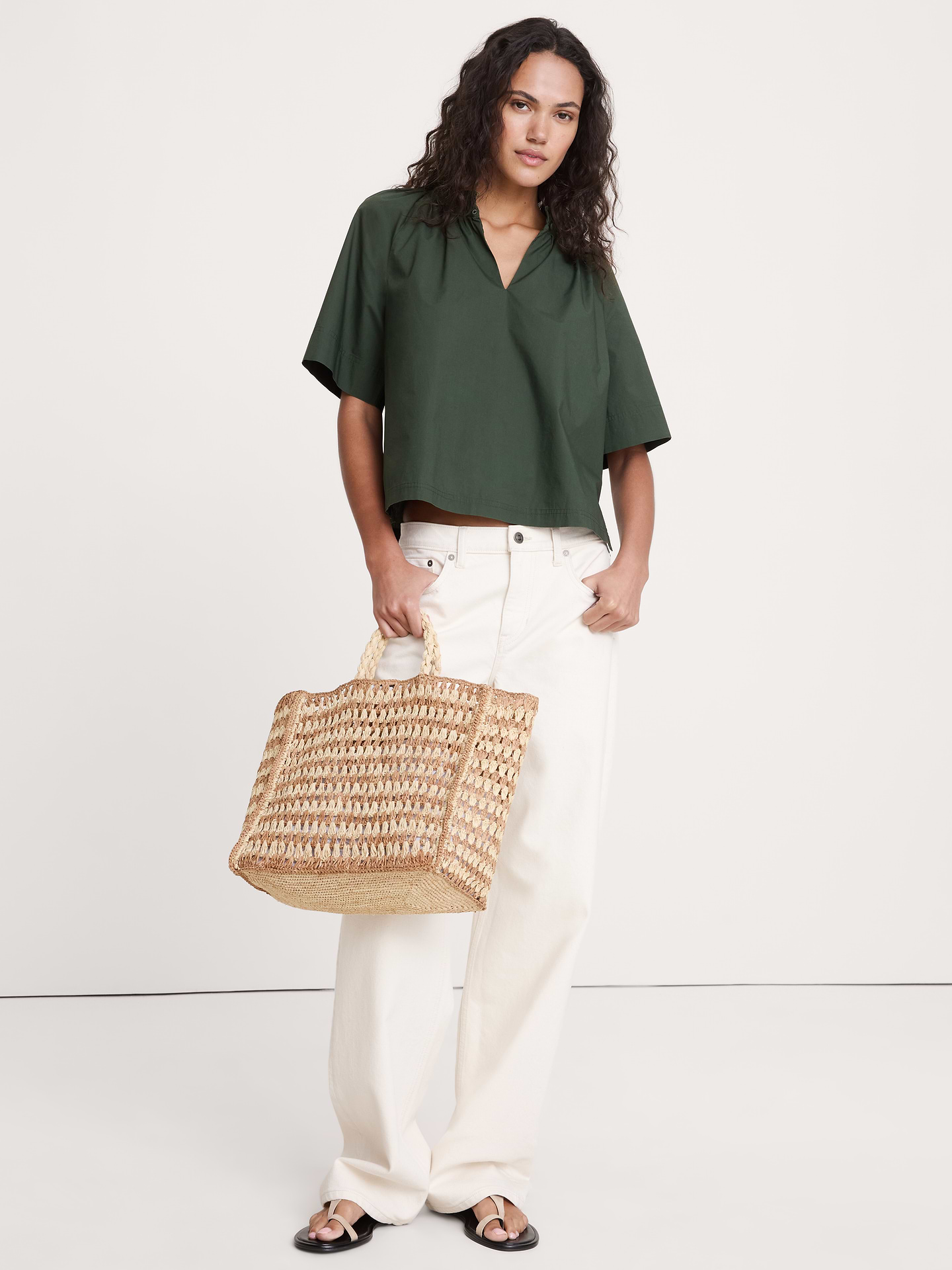 Image number 1 showing, Cotton Poplin Split-Neck Top