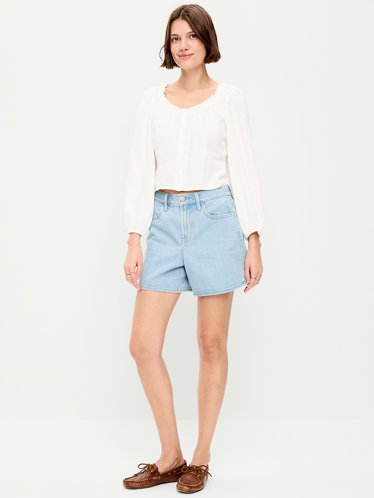 Image number 1 showing, High-Waisted Wow Baggy Jean Shorts -- 5-inch inseam