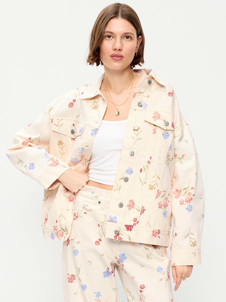 Image number 1 showing, Oversized Floral Print Jean Trucker Jacket